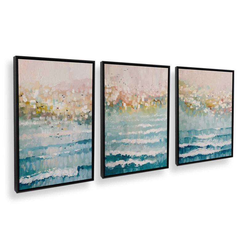 Ensemble de 3 impressions Seaside Sunrise Drift, Cadre flottant noir satiné, 36 po x 24 po