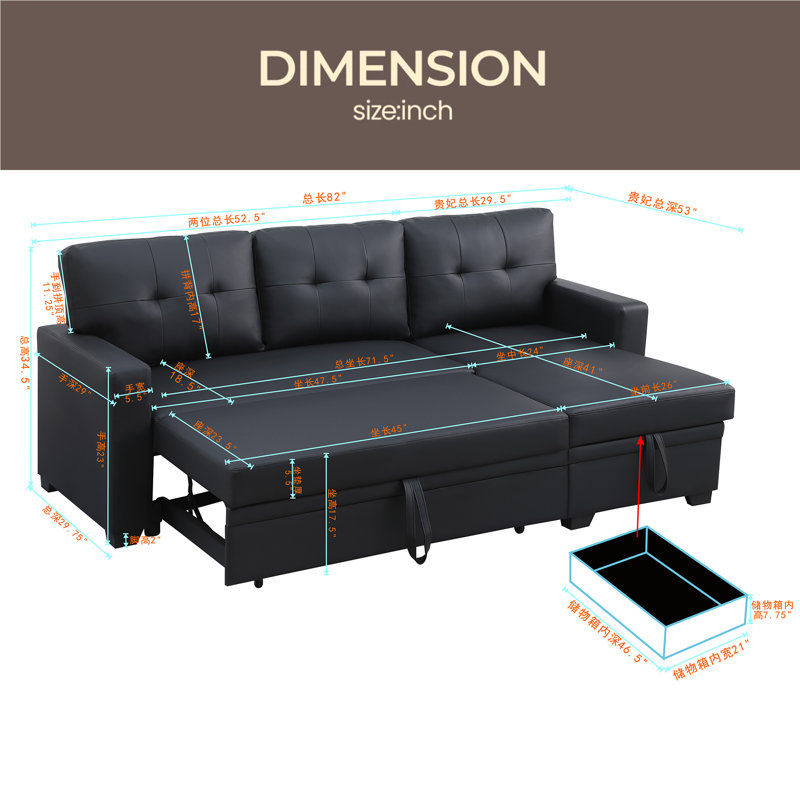 Upholstered Pull Out Sectional Sofa With Chaise, Black Faux Leather