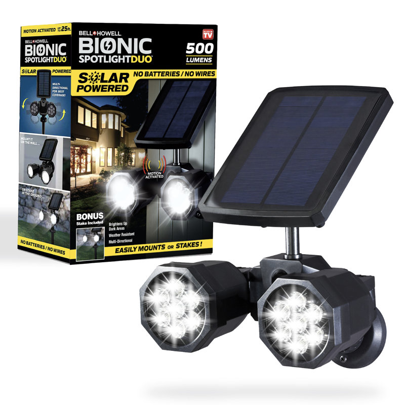 Dual Motion-Sensing Solar LED Black Spotlight, 500 Lumens Outdoor