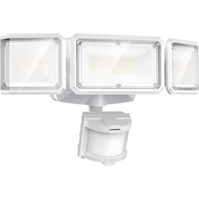 Projecteur d'extérieur à piles LEPower à DEL, 1500 ML, 5000 K, étanche IP65, projecteur sans fil à piles, détecteur de mouvement à 3 têtes pour garage, cour, porche, blanc