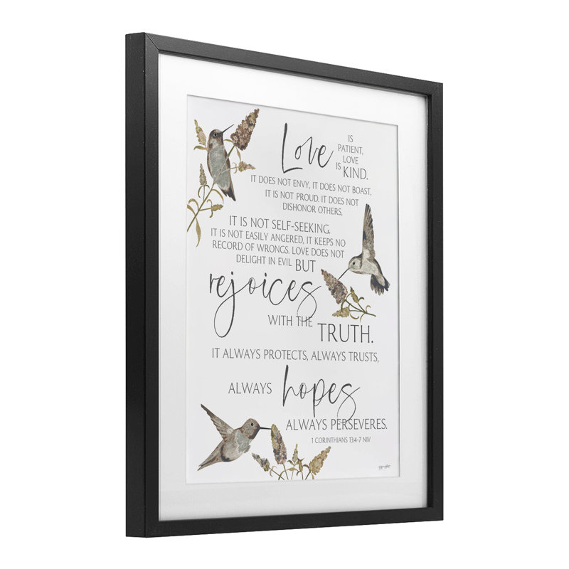 «Love is patient», reproduction sous verre encadrée, conception par Annie Lapoint, Cadre noir minuit, H 16 po x l 13 po