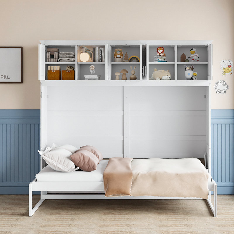 Grand lit escamotable à armoire murale avec armoires supérieures, Blanc