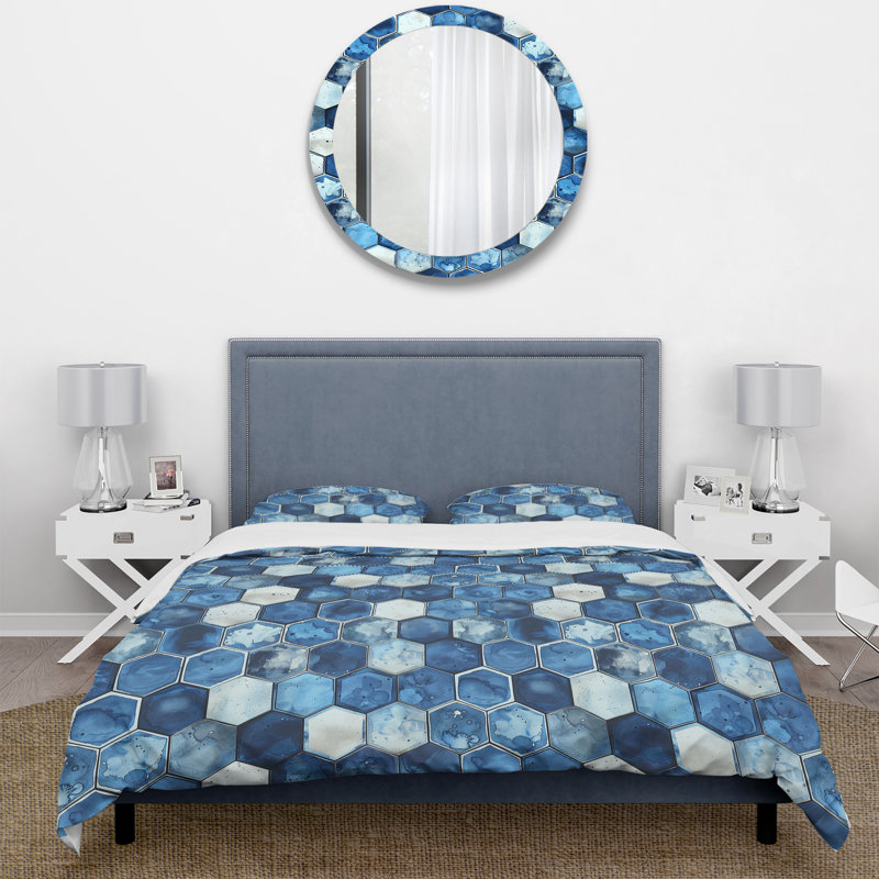 Ensemble de housse de couette bleu marine Midcentury Hexagon Print III - Midcentury