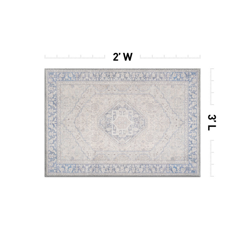 Valora Blue Traditional Washable Flatweave Rug With Non-Slip Backing, Rectangle 2' x 3'