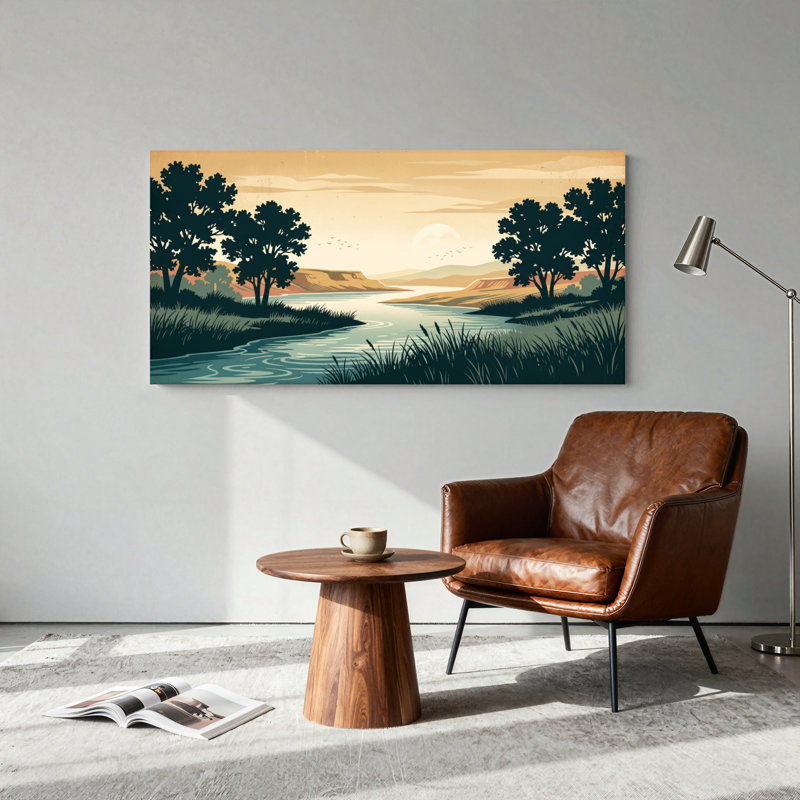 Ensemble de 1 tableau sur toile représentant un paysage de rivière, 40“W x 20”H, Wrapped Canvas