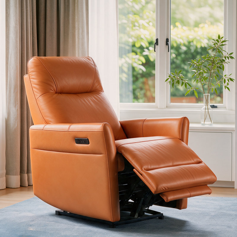 Fauteuil inclinable électrique à double moteur en cuir véritable avec appui-tête réglable, accoudoirs évasés et inclinaison zéro gravité à 170°