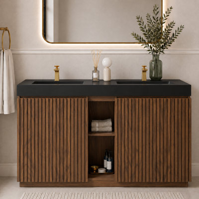 60" Freestanding Bathroom Vanity with Sink, Large Storage, One-Piece Double Sink Basin for Modern Bathroom, Without Drain and Faucet