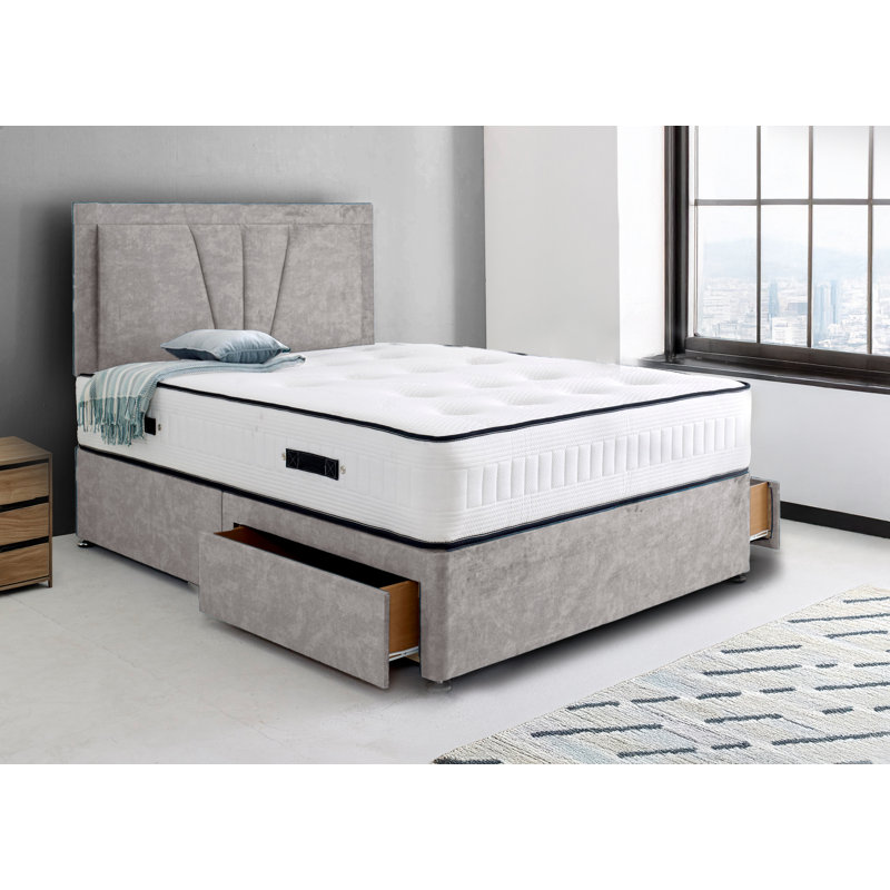 Divan Bed with Valencia 24" Headboard with 2x Drawers Same Side, Small Single, Grey, No Drawers