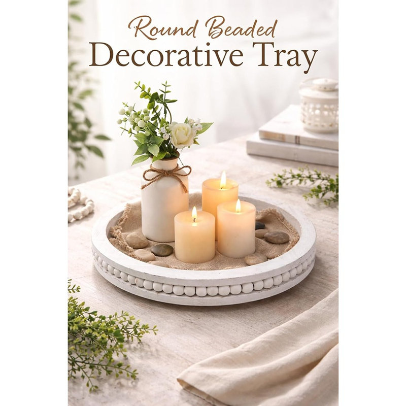 Plateau rond en bois perlé Farmhouse, plateau décoratif en bois rustique blanchi pour table basse, centre de table de cuisine, repose-pieds ou collations de service