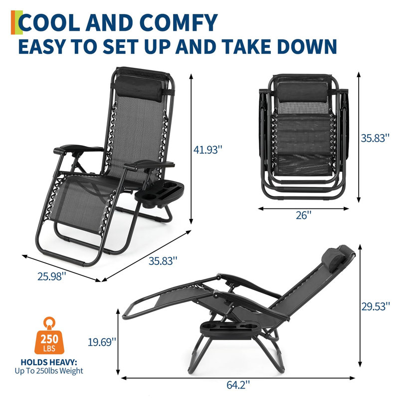 Set of 2 Heavy Duty Outdoor Reclining Lounge Chairs – Adjustable Folding Design with Padded Headrest, Cup Holder Tray & Durable Frame – Portable Patio Lawn Set for Pool, Deck, Beach, Backyard