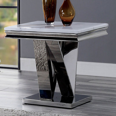 Table basse rectangulaire Glam de style 1 pièce avec pied central et plateau en imitation marbre