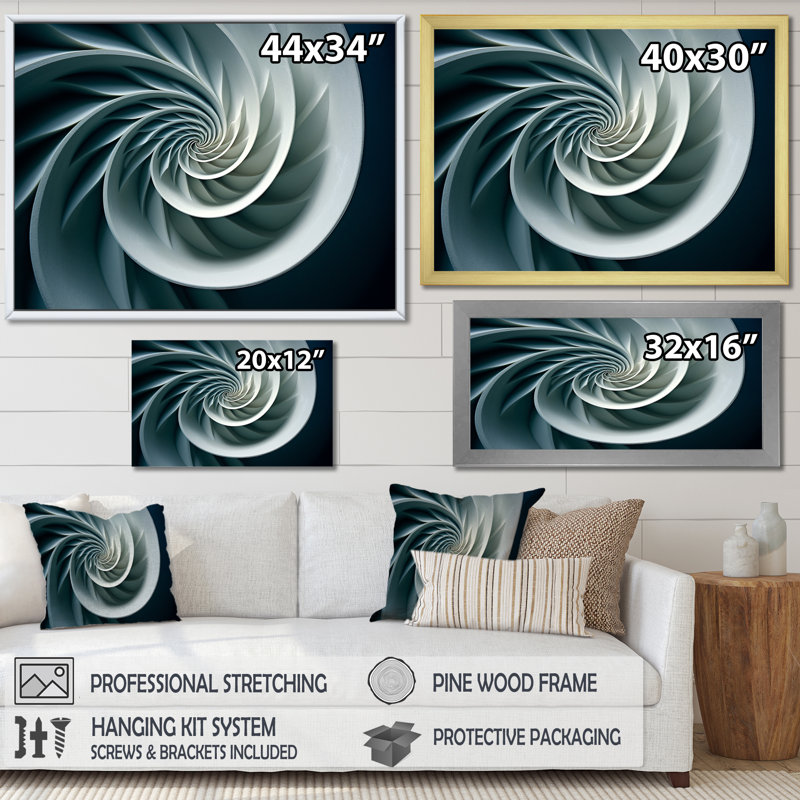 Turquoise coquille spirale de poisson sur toile, Cadre doré simple, H 34 po x l 44 po x P 1,5 po