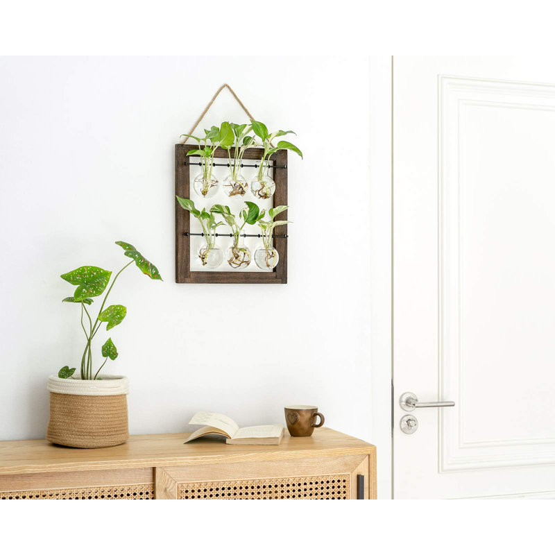 Propagation station suspendue pot de fleurs en verre, vase à bulbes de fleurs terrarium avec support en bois rétro double couche pour plantes hydroponiques décoration de bureau de jardin