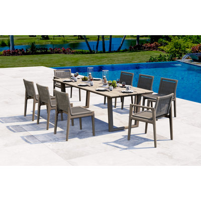 9 Pcs Grade-A Weathered Teak Wood Dining Set: 98" Sema Rectangle Table   Sema Chairs (2 Arm & 6 Armless Chairs) #11Se3302