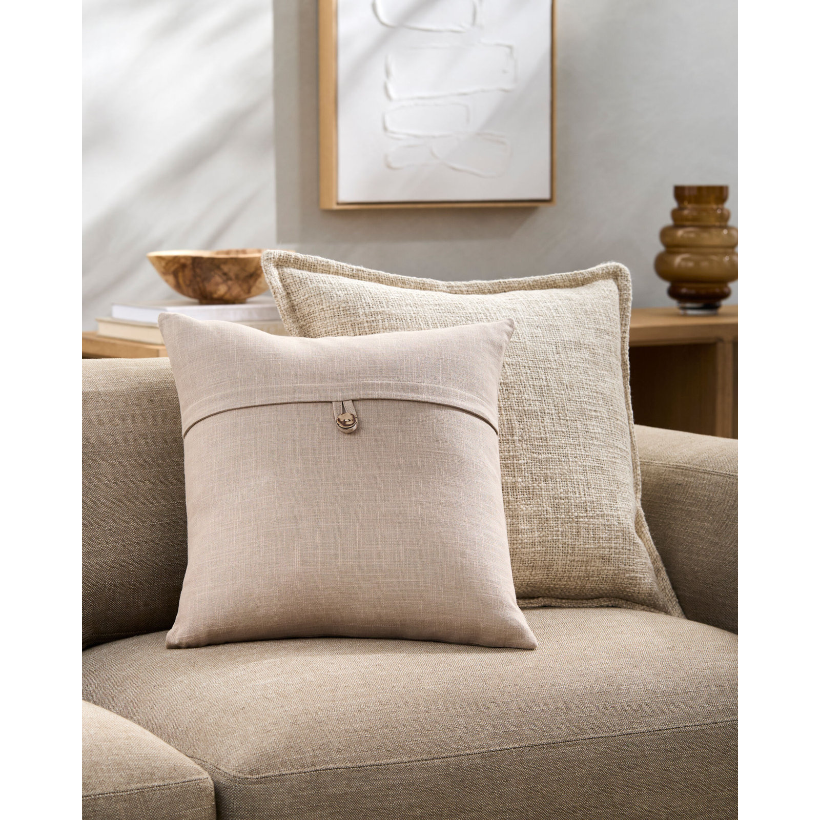 Leigh Buttons Cotton Throw Pillow, 18" x 18", Brown, Polyester
