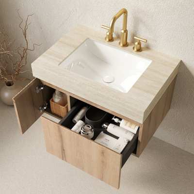 Bathroom Vanity&Sink, Floating Plywood Storage Cabinet with Drawer&Door, Roma Travertine Sintered Stone Top&Ceramic Basin with 3 Pre-drilled Faucet Holes, Pre-assembled