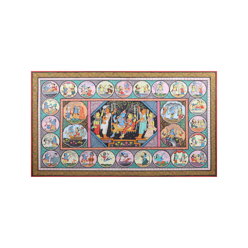 Radha Krishna avec Gopis Pattachitra, peinture sur toile par Purna Chandra, H 24 po x l 40 po, décoration murale Odisha