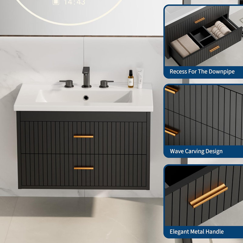 Meuble-lavabo mural flottant Modern, 24", Noir