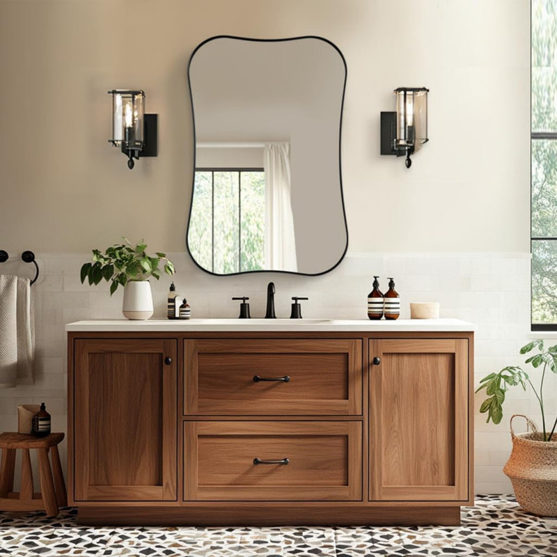 Miroir de salle de bain rectangulaire moderne à double feston | Cadre en acier inoxydable, 36 po x 24 po, Noir mat