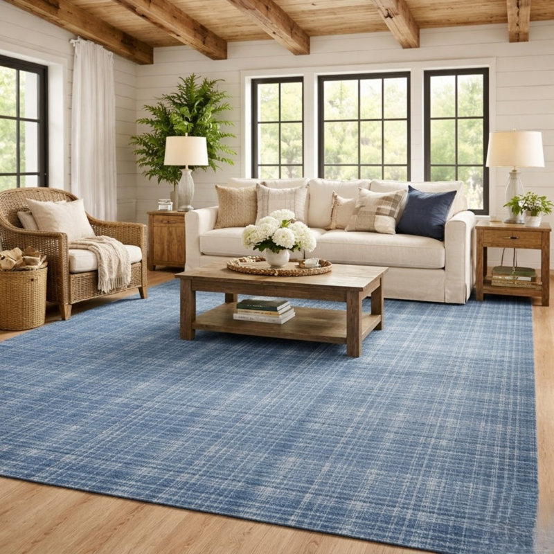 Tapis bleu en laine touffeté à la main Bakstran, Rectangle 7 pi 6 po x 9 pi 6 po