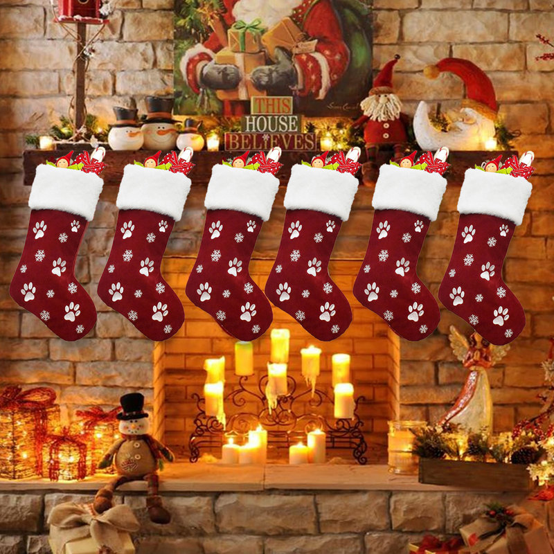 6-Pack Christmas Stockings for Pets, Large 18-Inch Dog Paw Print & Snowflake Pattern Hanging Socks,Red Holiday Decor for Fireplace, Dog Lover Gift