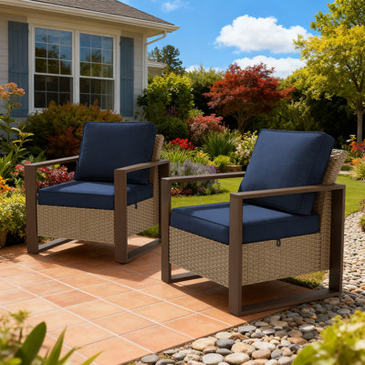 Ensemble de chaises de patio en osier 2 pièces, ensemble de chaises d'extérieur avec coussins amovibles et accoudoirs en métal d'aspect bois pour le jardin, la cour, le porche et la terrasse