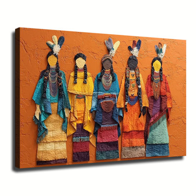 Native American Women Textile Folk Art, Large Gallery Wrapped Canvas Wall Art Print For Living Room Bedroom