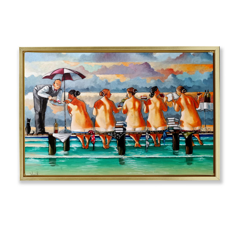 Cadre flottant The Book Club Beachgoers, design par Ronald West, H 17 po x l 25 po, Cadre flottant métallique doré