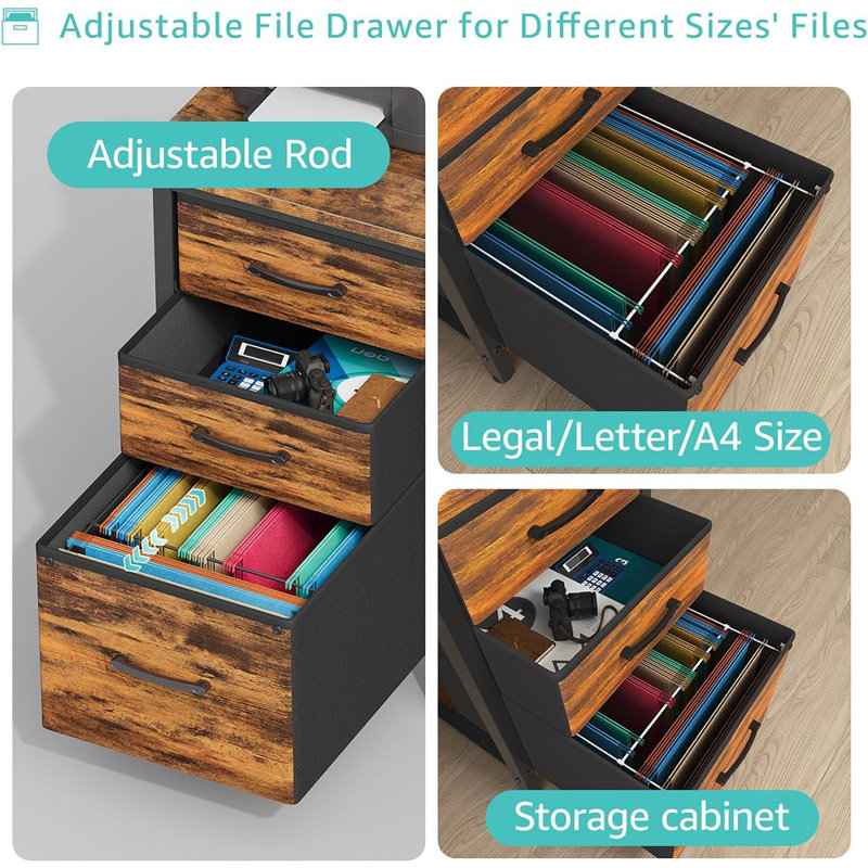 Bureau d'ordinateur avec classeur en tissu, bureau réversible de 47 pouces avec classeur pour petits espaces, bureau d'écriture pour bureau, brun rustique