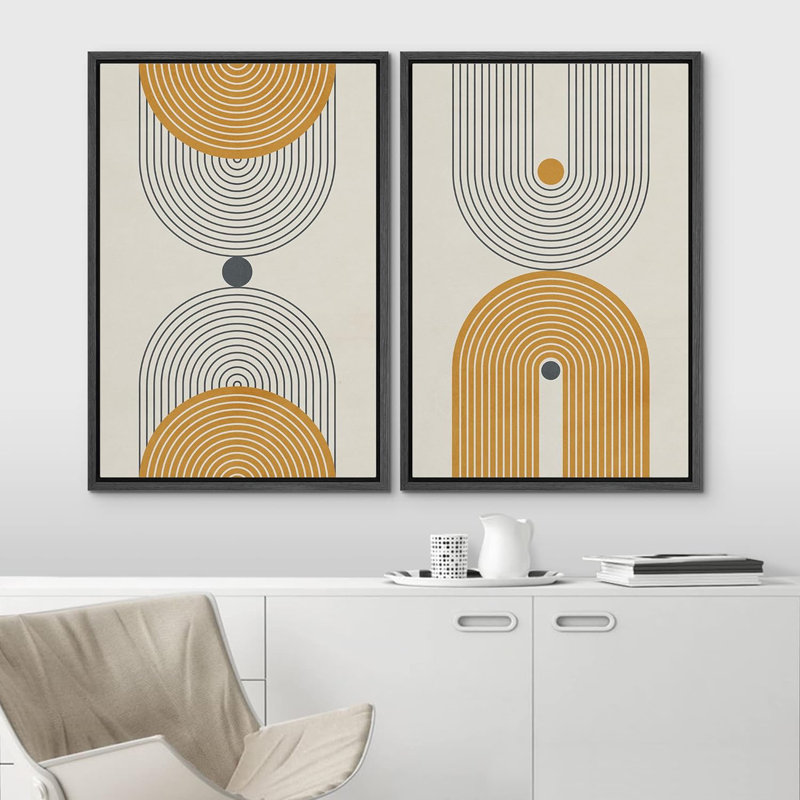 Illustration de paysage rustique moderne de style Mid-Century à motif géométrique en spirale mosaïque, H 36 po x l 48 po