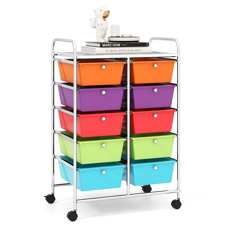 Nally 10 Drawer Storage Drawer with Locking Wheels, Colorful/Silver