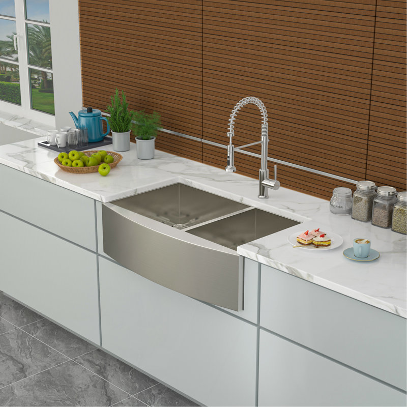 Évier de cuisine double à double cuve - Évier de cuisine en acier inoxydable 33 po x 20 po à tablier frontal encastrable à double cuve de calibre 18 avec deux cuves profondes de 9 po