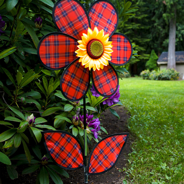 in The Breeze 2651 16-inch Red Plaid Sunflower Spinner with Leaves