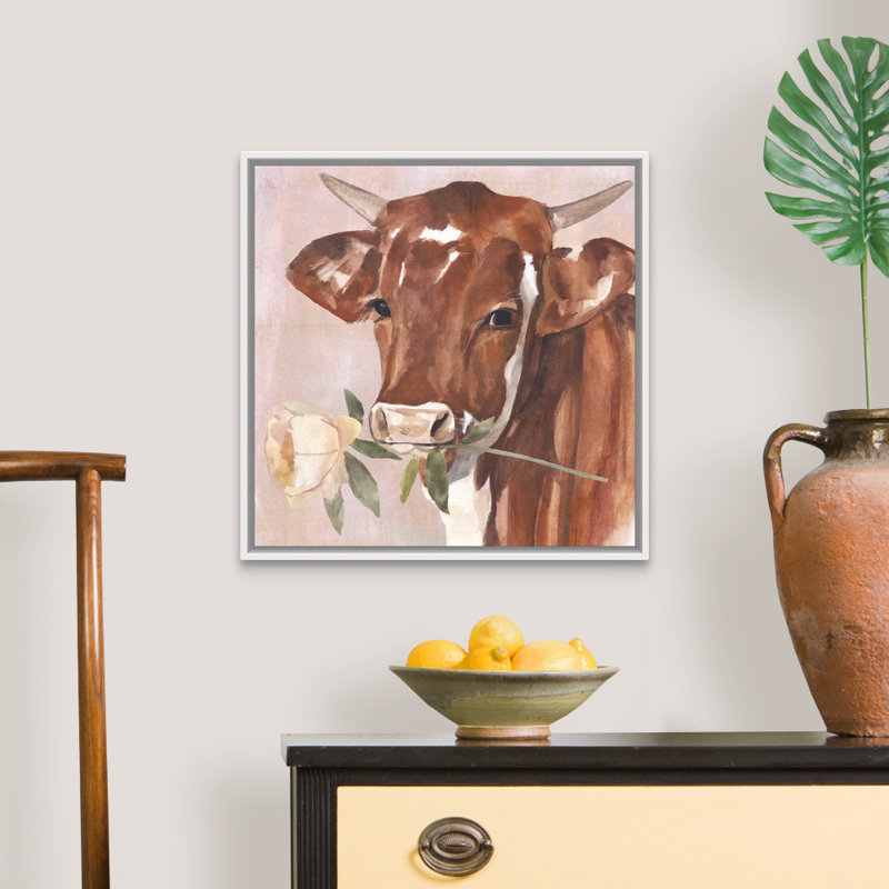 Peony Cow I, art mural sur toile, H 22 po x l 22 po x P 2 po, Toile avec cadre blanc