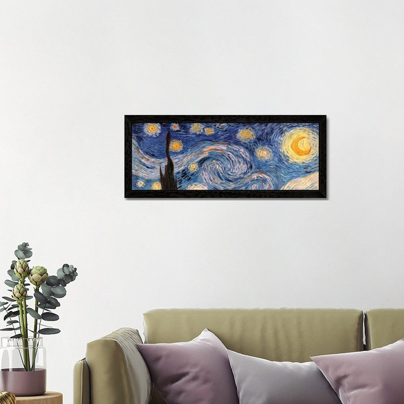 The Starry Night by Vincent Van Gogh - Panoramic Painting on Canvas, 30.48 cm H x 91.44 cm W, Black Floater Framed