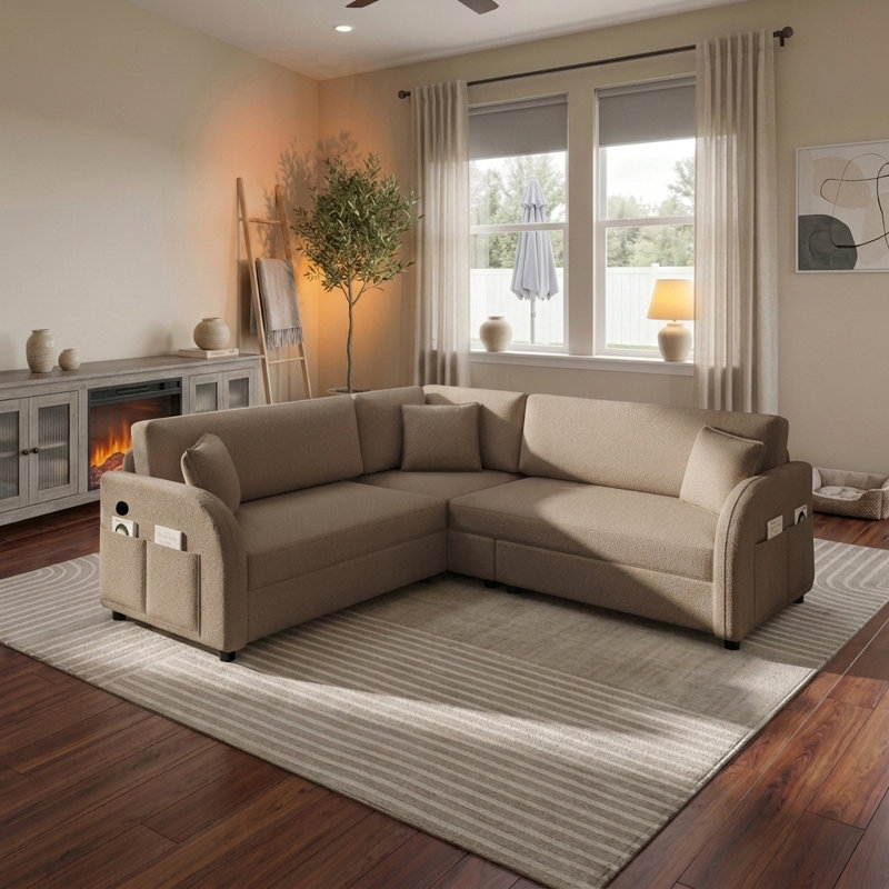 Canapé convertible en L 85,1 po avec lit escamotable, poche latérale et port USB, Brun