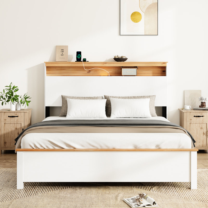 Style américain traditionnel, cadre de grand lit, blanc antique, tête de lit avec rangement, DEL, métal, sous la chambre à coucher, tête de lit, ports de chargement, lattes, pièce