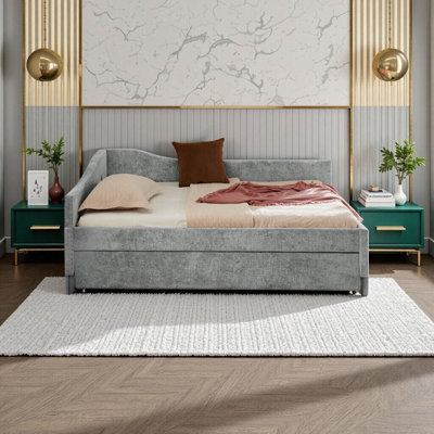 Full Size Curved Round Edge Padded Backrest Daybed with Pull-out Trundle & USB Port – Vintage Nailhead Trim Chenille Sofa Bed for Bedroom