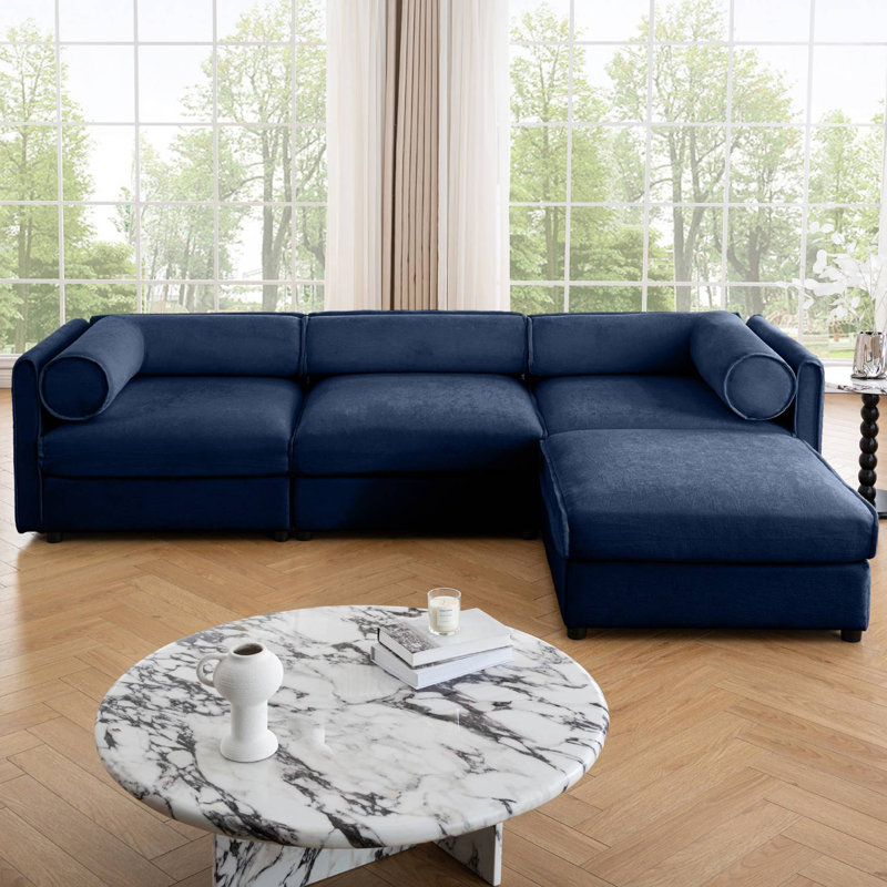 Canapé modulaire en L rembourré avec repose-pieds avec rangement en L, Chenille bleu