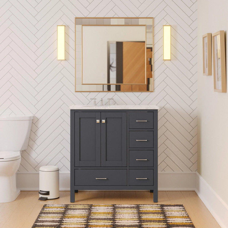 Ensemble de meuble-lavabo simple 36 po Claudett, Gris marine, Carrara d'ingénierie