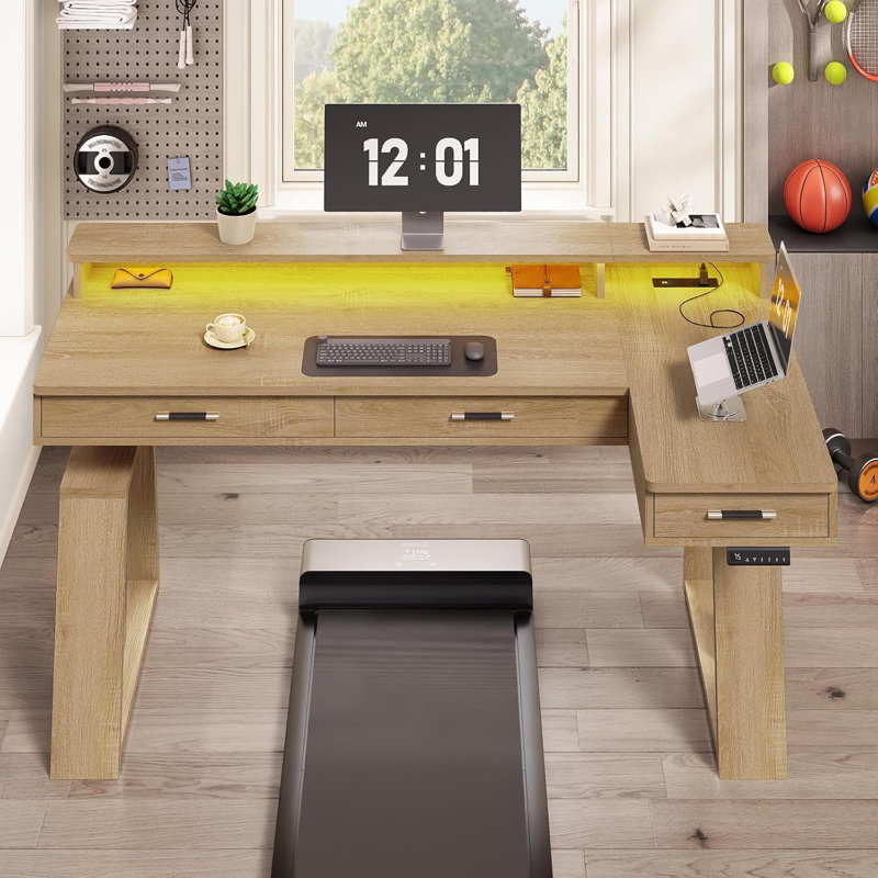 Bureau debout électrique en forme de L 59 "avec tiroirs, Chêne
