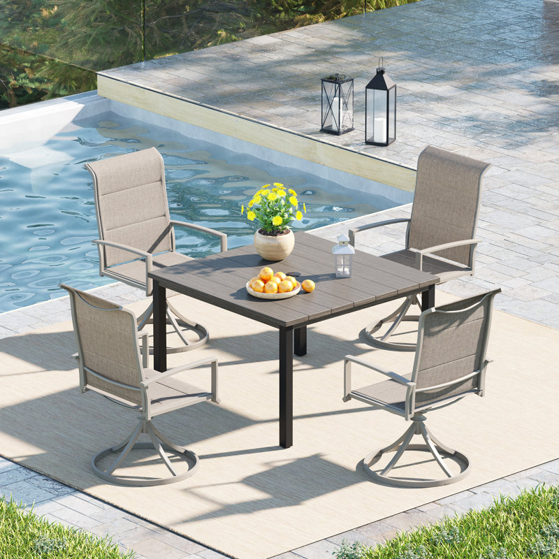 4-Person Patio Dining Set with Square Metal Dining Table and 4 PVC-coated polyester Swivel Chairs , Brush Wood Gray/Sandshell