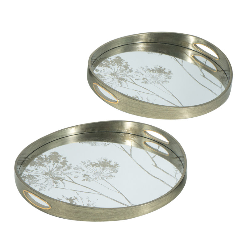 Round Silver Plastic Mirror Trays with Tree Motif - L:D17.5x2" S:D14.5x2"