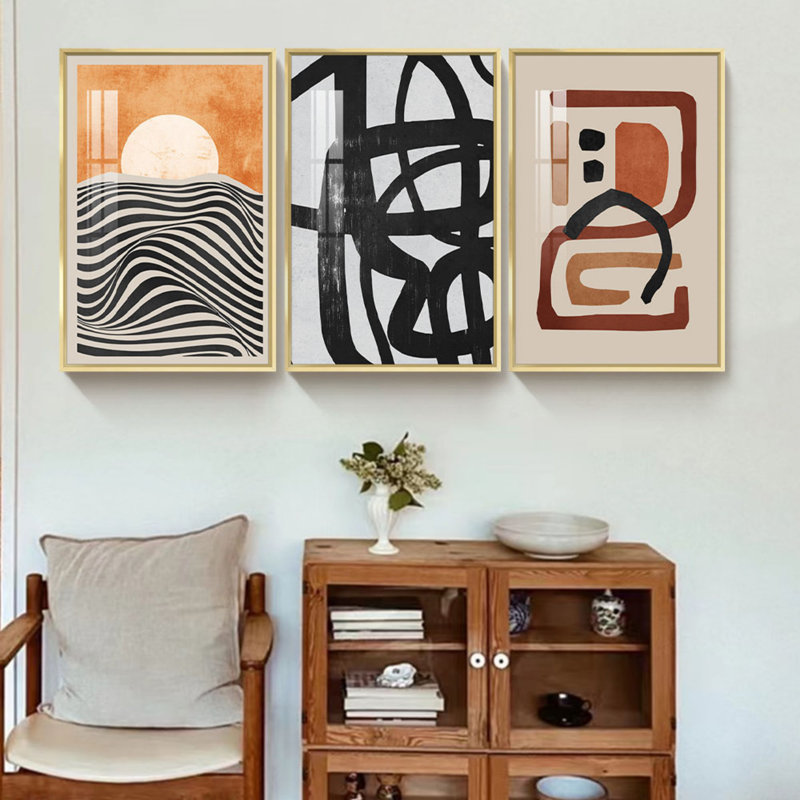 Abstrait - ensemble de 3 reproductions d'art sur toile encadrées, L 48,50 po x H 24,60 po, Encadrement doré
