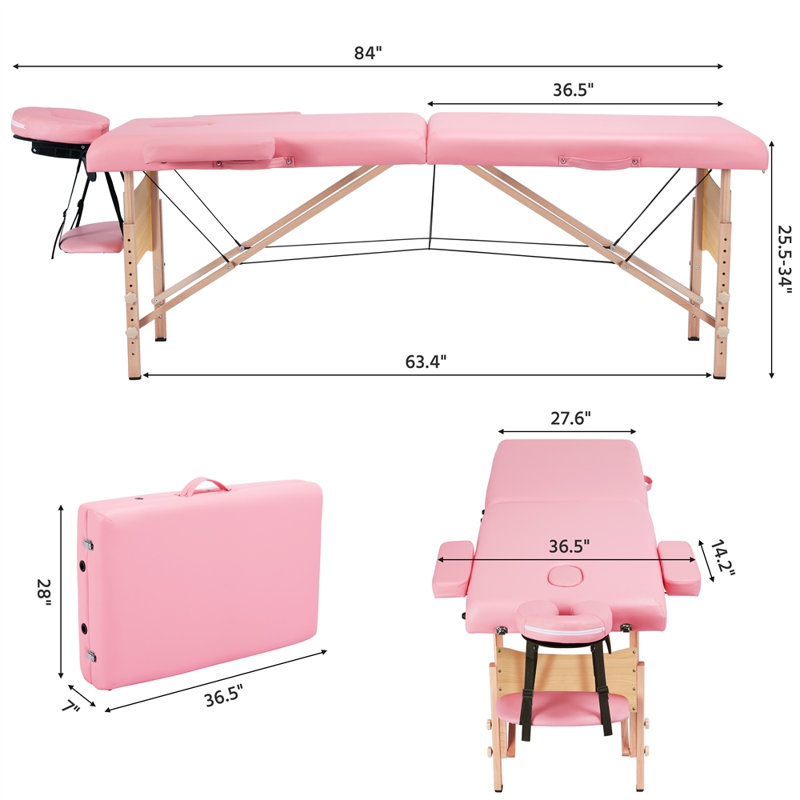 Adjustable Massage Bed Portable Spa Table with Headrest, Pink, 84" L x 36.5" W