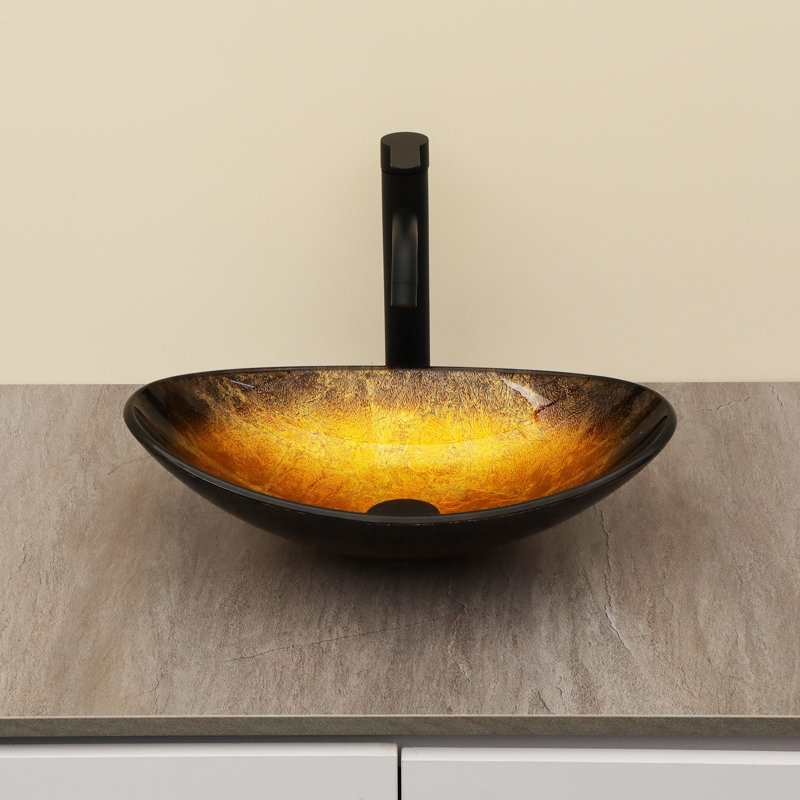 18-1/2 in. Dark Brown Glass Oval Vessel Bathroom Basin Sink with Black Pop-up Drain