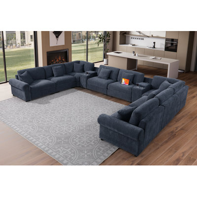 Errett Upholstered 13-piece Cloud Extra Large Corner Couch with Two Consoles, Cup Holder&Storage&USB by Lark Manor