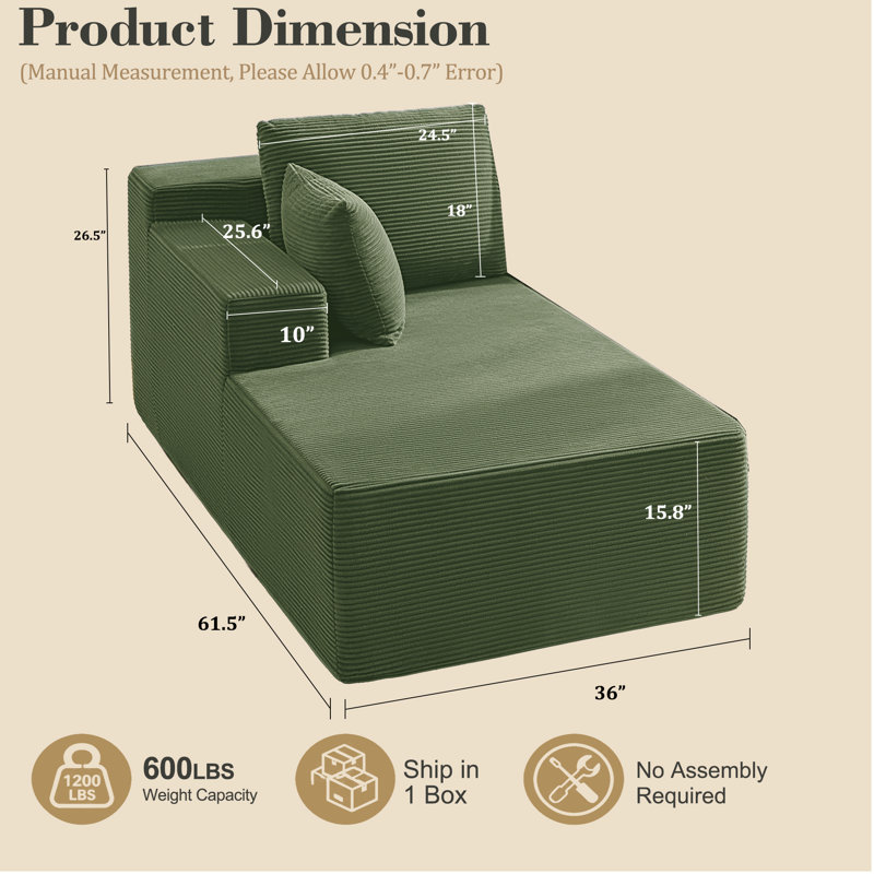 Canapé à compression pour accoudoir à droite avec revêtement en velours côtelé, fabrication en mousse et conception sans assemblage