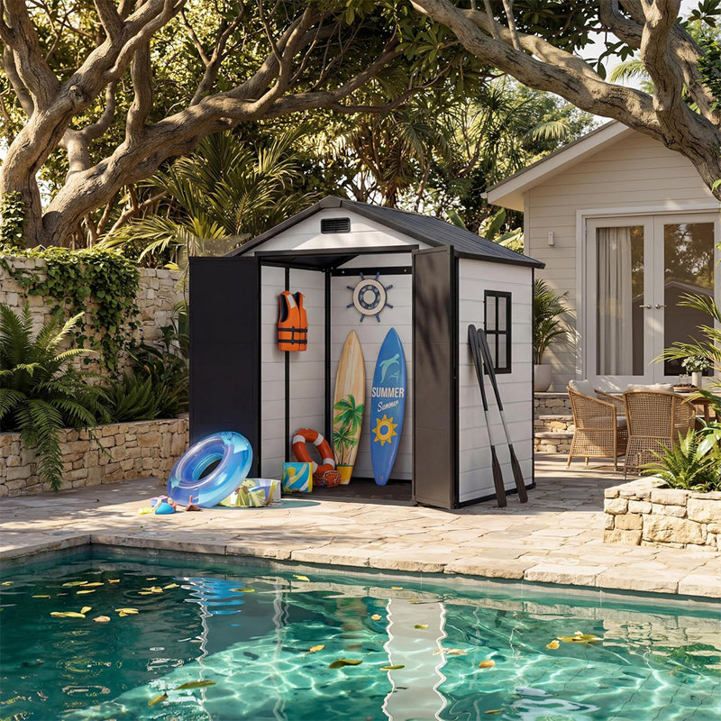6 x 4 Ft Outdoor Resin Storage Shed with Floor Lockable Door Window Sloped Roof Garden Shed for Patio Backyard Lawn Mower Bike Tool Storage