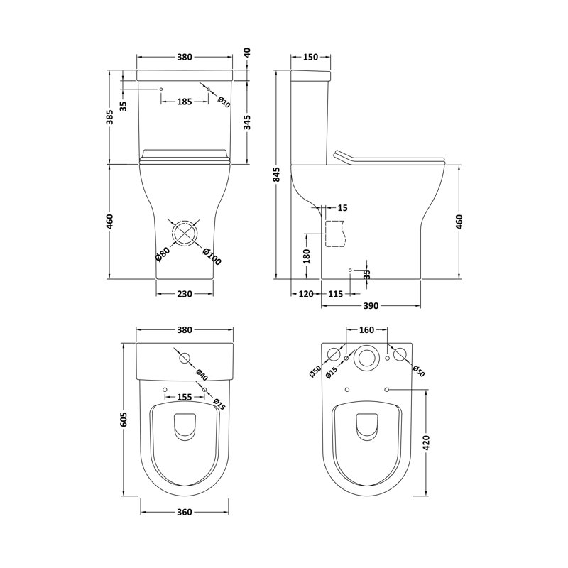 Nuie Freya 12L LPF Elongated Chair Height Floor Mounted Close Coupled Toilets (Seat Included)
